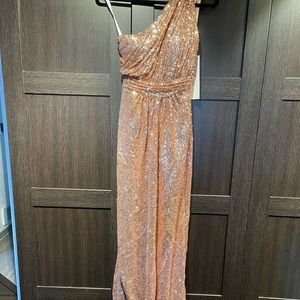Revelry bridesmaids dress Style 2436-P. Size 4 Rose Gold. Petite maxi -5 inch